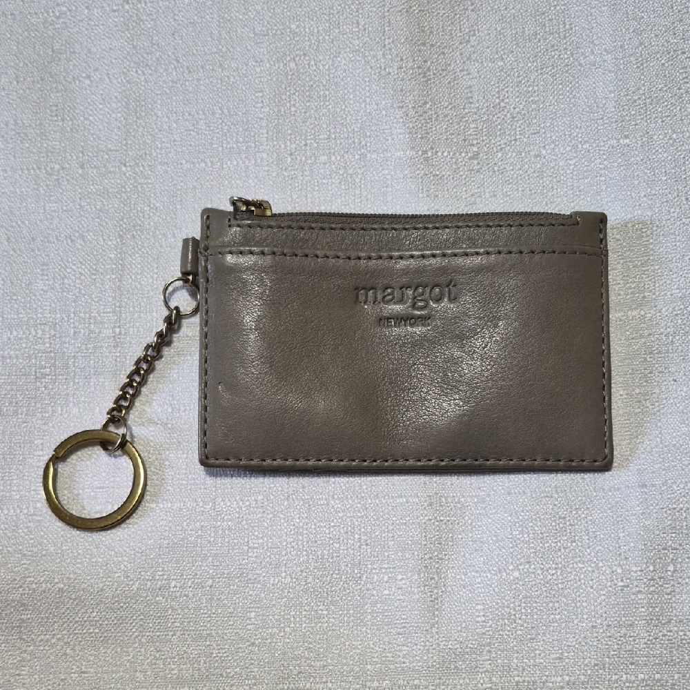 Margot New York Taupe Gray Leather Key Ring Travel Compact Card Case Coin Holder